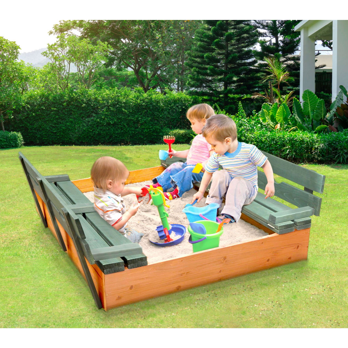 Covered Convertible Cedar Sandbox with Two Bench Seats - Image 2 of 5