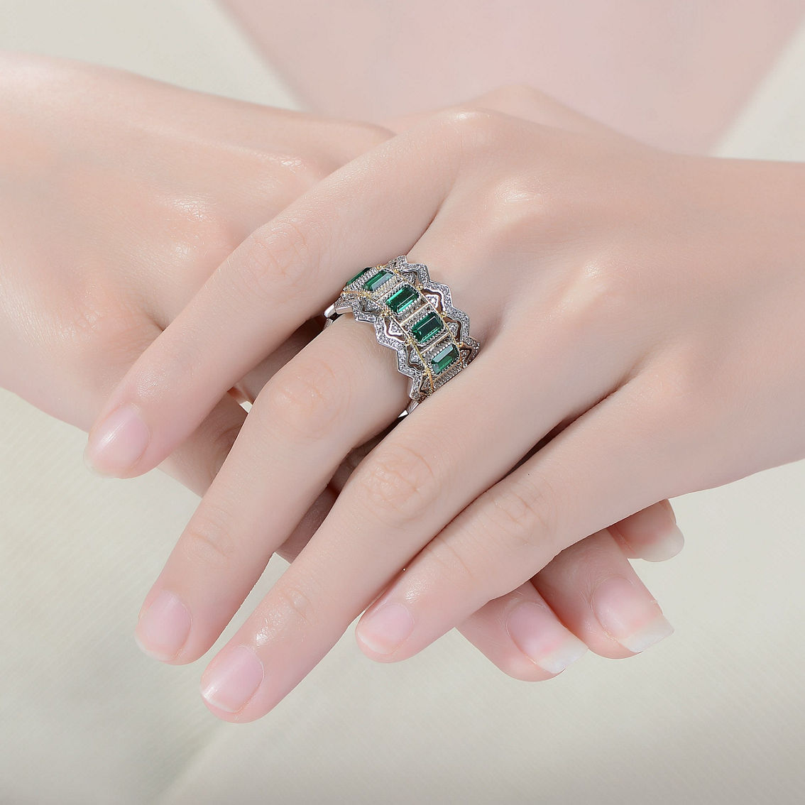 Rhodium and 14K Gold Plated Emerald Cubic Zirconia Coctail Ring - Image 3 of 3