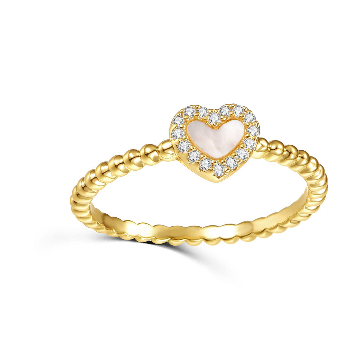 14k Yellow Gold Plated Mother of Pearl & CZ Beaded Band Promise Stacking Ring - Image 2 of 4