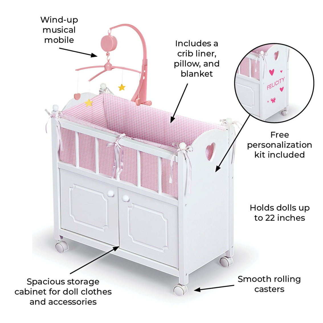 Badger Basket Cabinet Doll Crib with Chevron Bedding and Free Personalization Kit - Image 3 of 5
