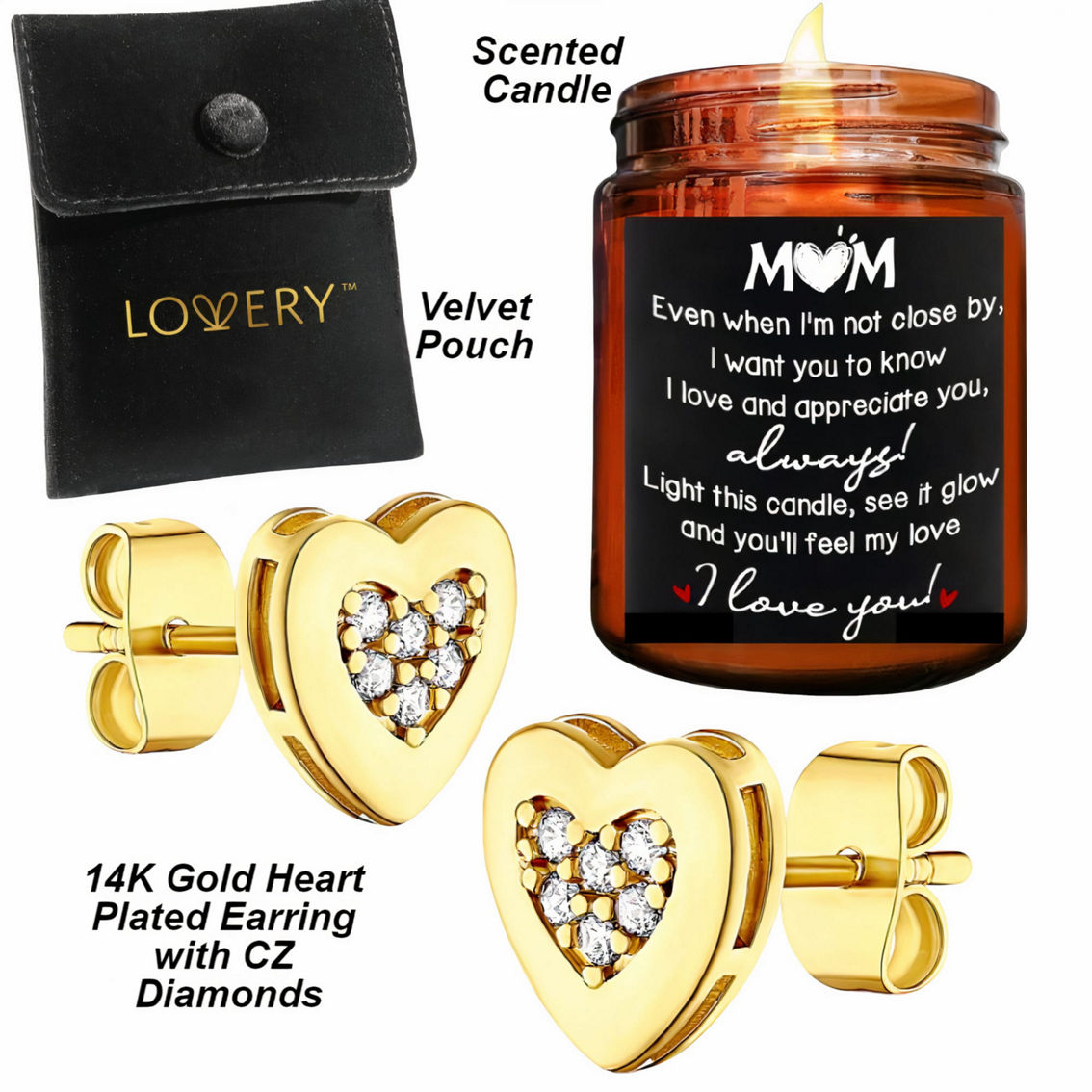 Lovery Mothers Day 14K Gold Plated Heart Earring with Pouch & MOM love Candle - Image 3 of 5