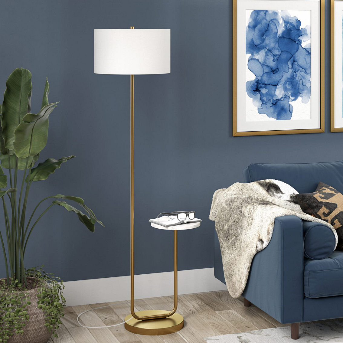 Hudson&Canal Jacinta Floor Lamp with Marble Tray Table and Fabric Shade - Image 3 of 5