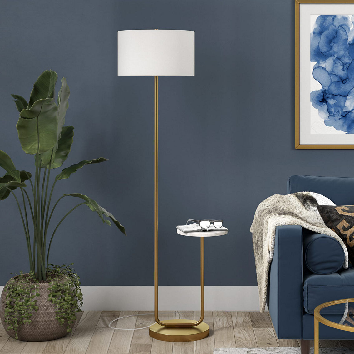 Hudson&Canal Jacinta Floor Lamp with Marble Tray Table and Fabric Shade - Image 5 of 5