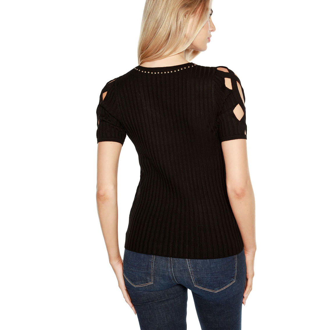 Belldini Black Label Embellished Criss Cross Sleeve Sweater - Image 2 of 4