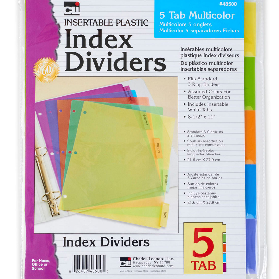 Charles Leonard Index Dividers, 5-Tab, Assorted Colors, 5 Per Pack, 12 Packs - Image 2 of 2