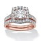 PalmBeach 2.15 Cttw. 2-Pc. Rose Gold-plated Silver Princess-Cut CZ Halo Bridal Set - Image 1 of 5